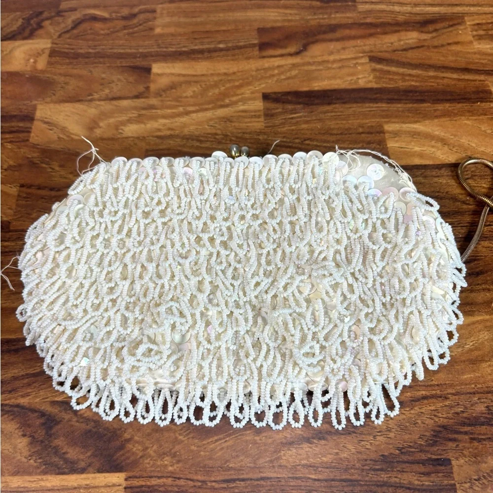 Vintage Ohrbach’s Beaded Evening Clutch Hong Kong White Looped Beads